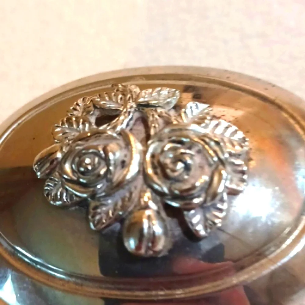 Y2K Real Silver Padded Engraved Roses Oval Trinket Jewelry Box
